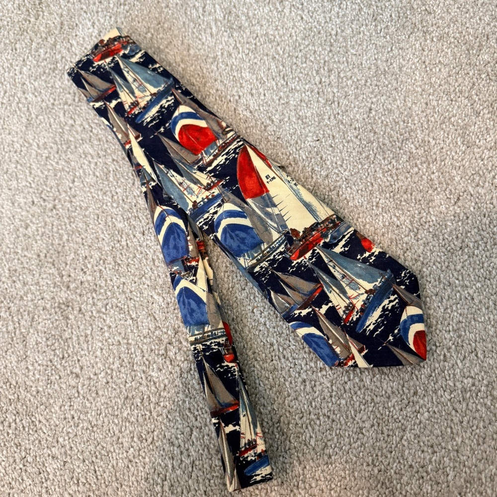 Lands' End Nautical Sailboat Sailing Boating Silk Necktie Tie Cotton Men's USA